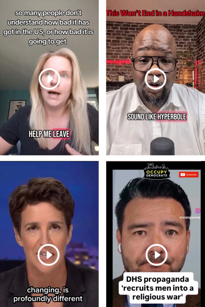 Four panels show videos of people on social media speaking to the camera about the rise of authoritarian government in the United States.