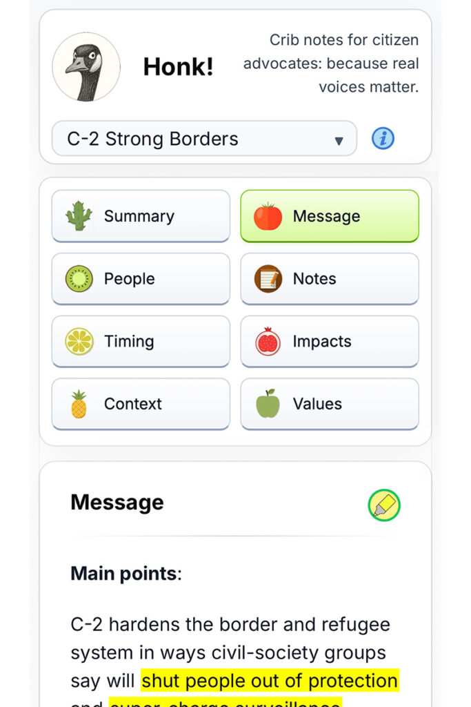A view of the Honk app on a phone, showing the category buttons and part of the Message for a given topic.